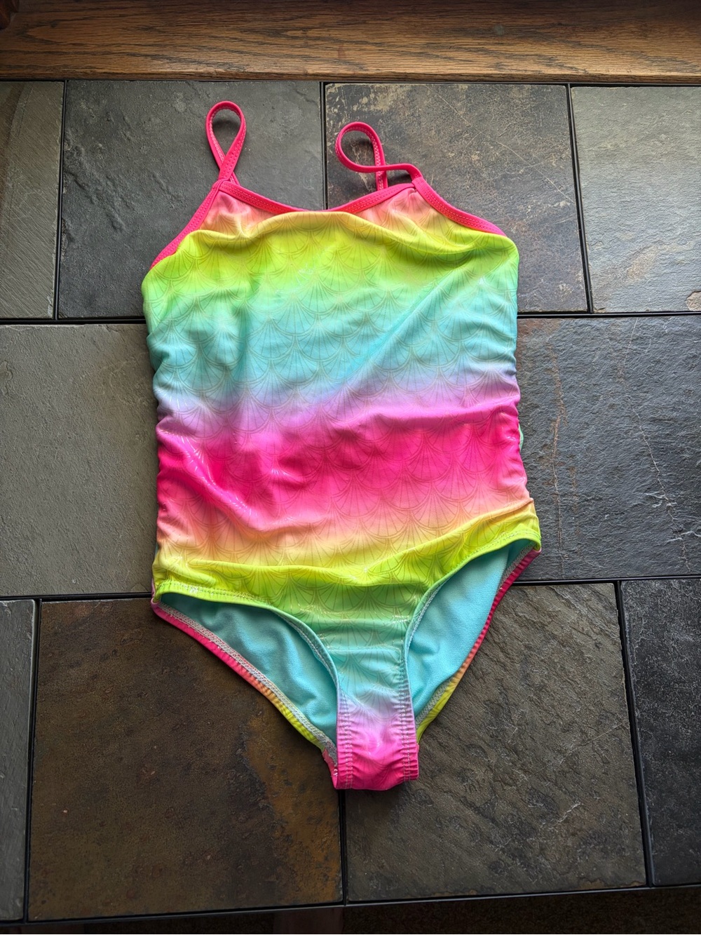 Girls Neon Rainbow One-Piece Swimsuit - Pink, Yellow, Blue